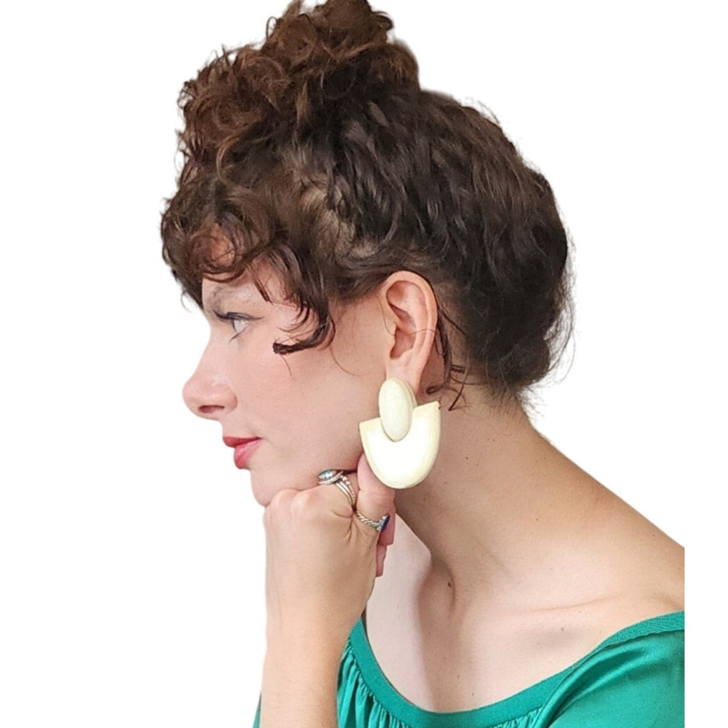 80s Bone Earrings Cream Oversized Geometric Clips