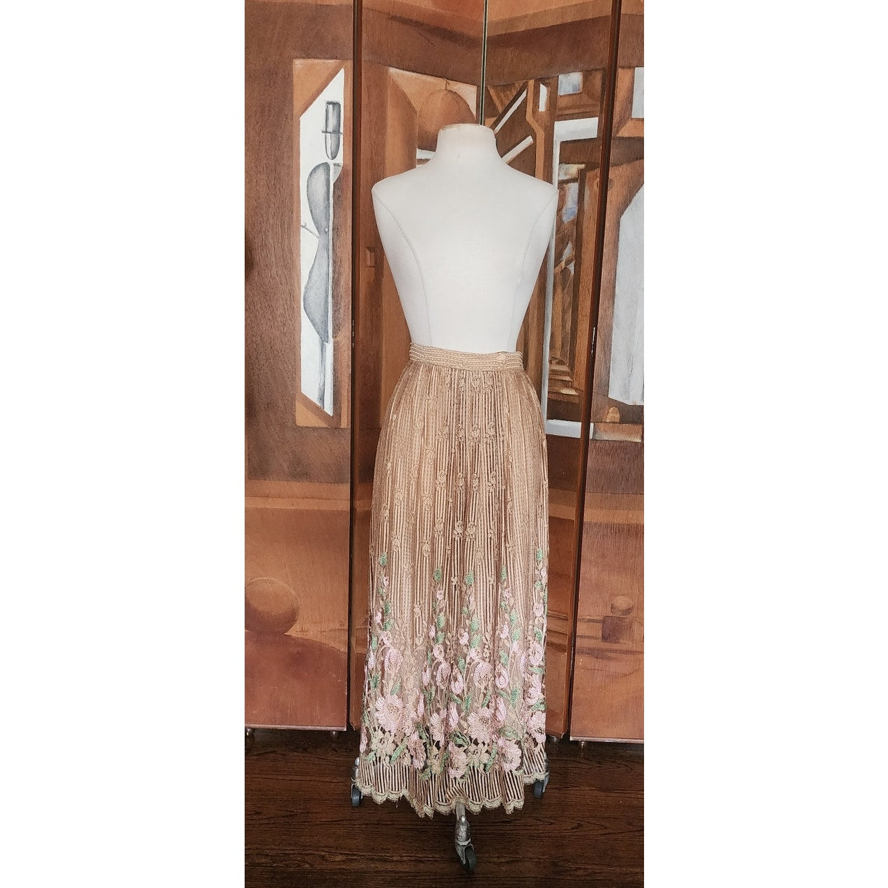 Vintage 1970s Jayna New York Dress Set Knit Crochet Top + Skirt Beige Lace Embroidery