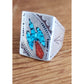 Vintage Mens Ring Native American Sterling Silver Thunderbird Turquoise Coral Chip Mosaic Navajo Inlay