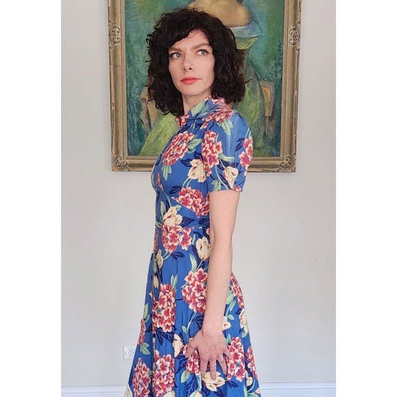 Vintage 30s Blue Floral House Dress Maxi Lounger Puff Sleeve Zip Front XS
