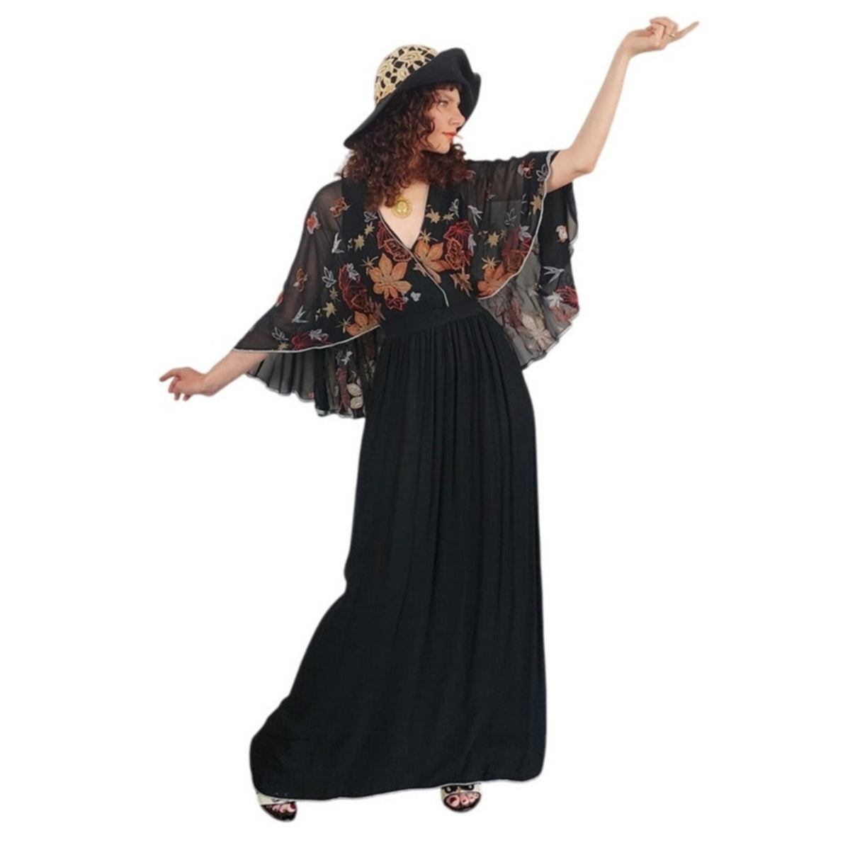 Vintage 1970s Janice Wainwright Dress Embroidered Black Maxi Butterfly Sleeves XS Tall