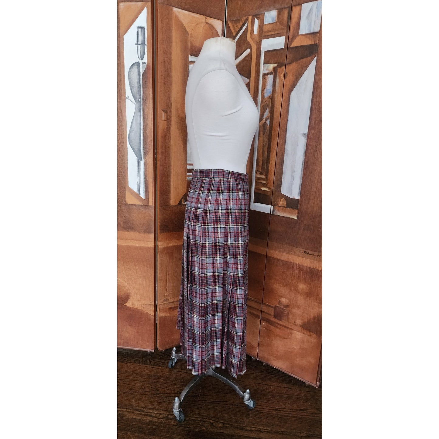 Vintage 70s PENDLETON Plaid Midi Skirt Pleated Wool Anderson Tartan Red