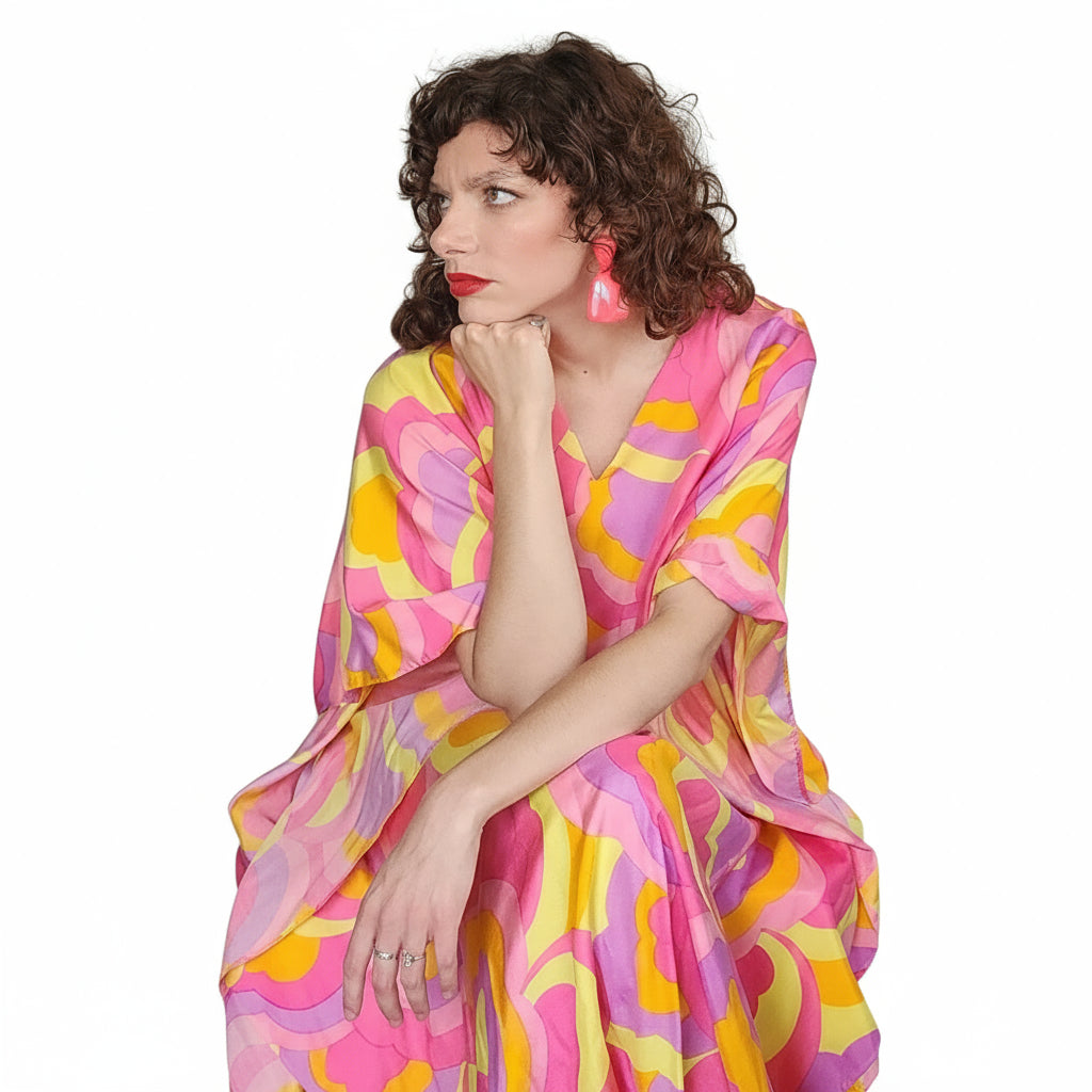 60s Silk Caftan Dress Pink Yellow Psychedelic Print Lord & Taylor