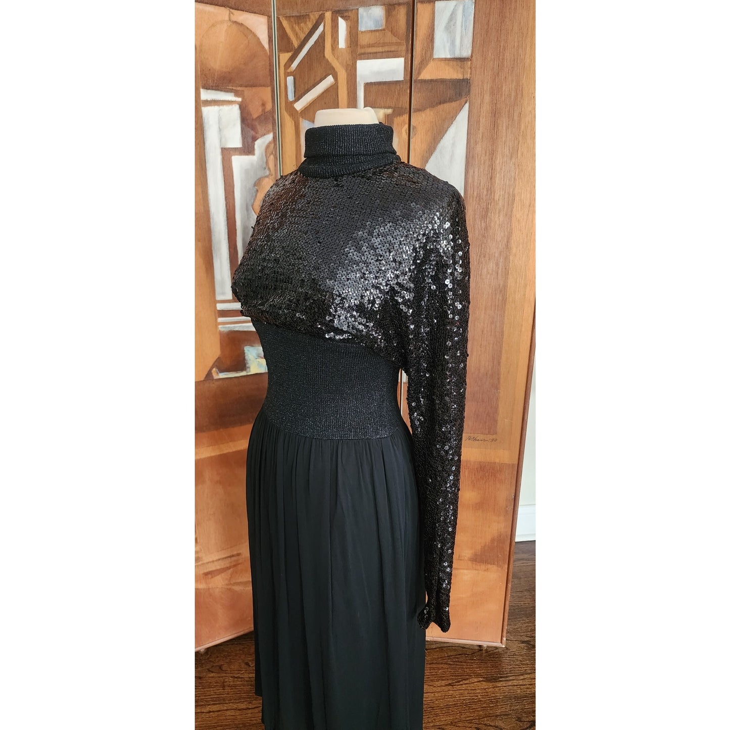 Vintage 1970s Black Maxi Dress Silk Knit Sequined Lurex Pat Sandler Dress Long Sleeve S