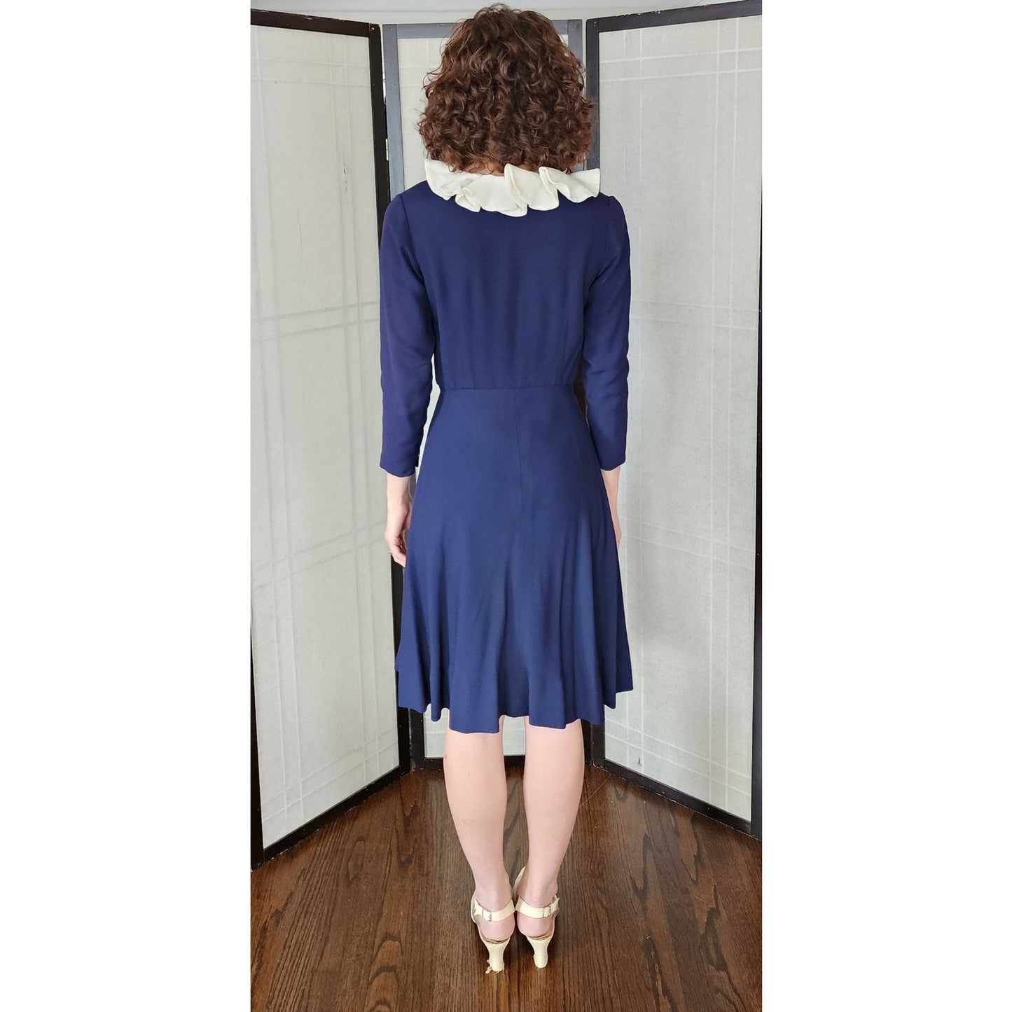 Vintage 60s Navy Blue Dress White Ruffled Collar Marshall Field & Co