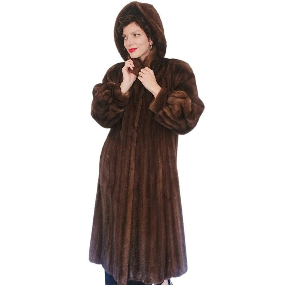 Vintage 1980s Sable Fur Coat Long Ankle Length Hoode
