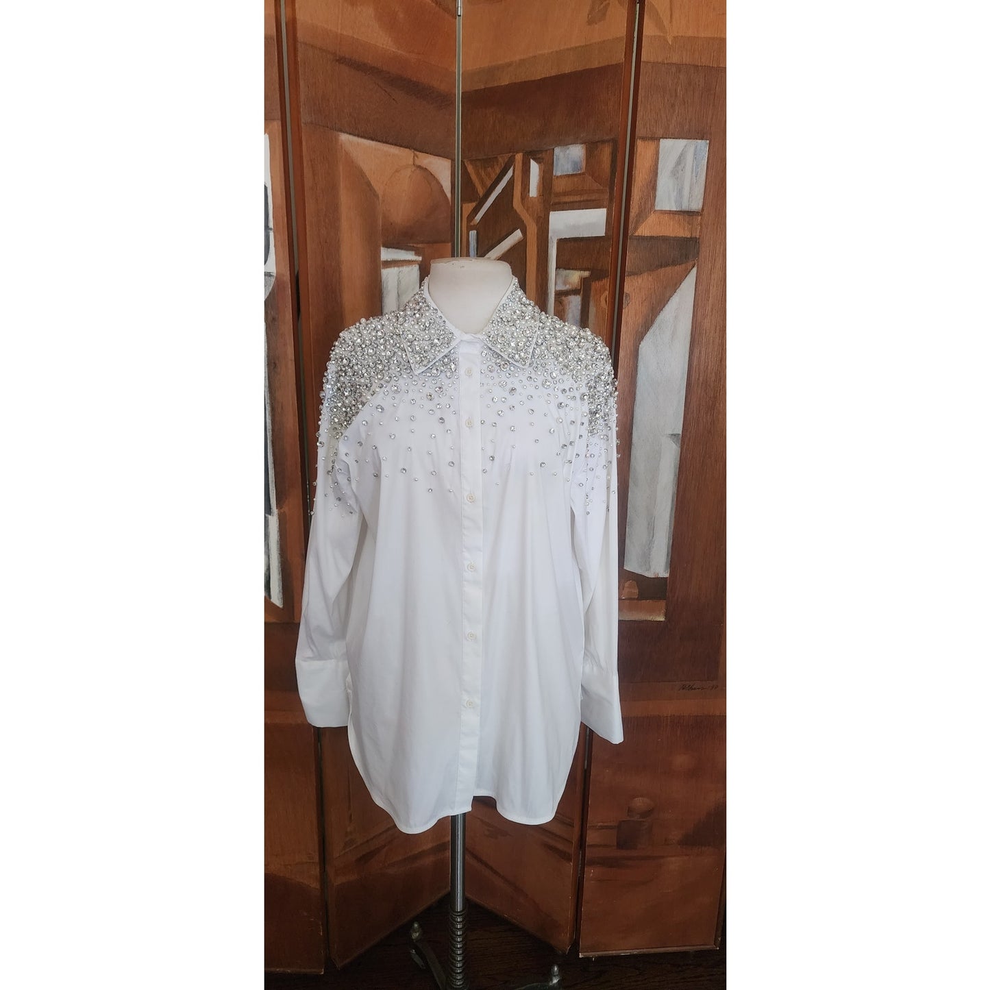 Alice + Olivia White Shirt Embellished Silver Rhinestone Crystal Beads Long Sleeve Button Down