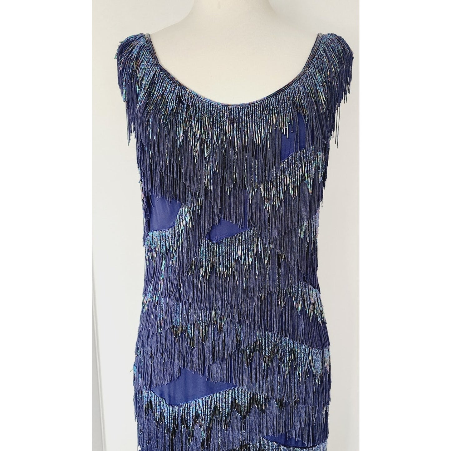 Vintage 2000s Blue Beaded Dress Silk Fringe Flapper Style / Medium
