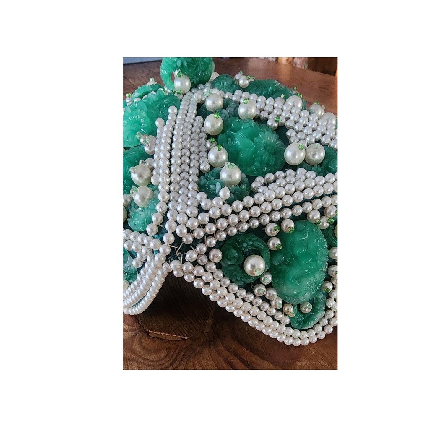 Vintage 1950s Ornate Cocktail Hat Green White Beaded Exotic