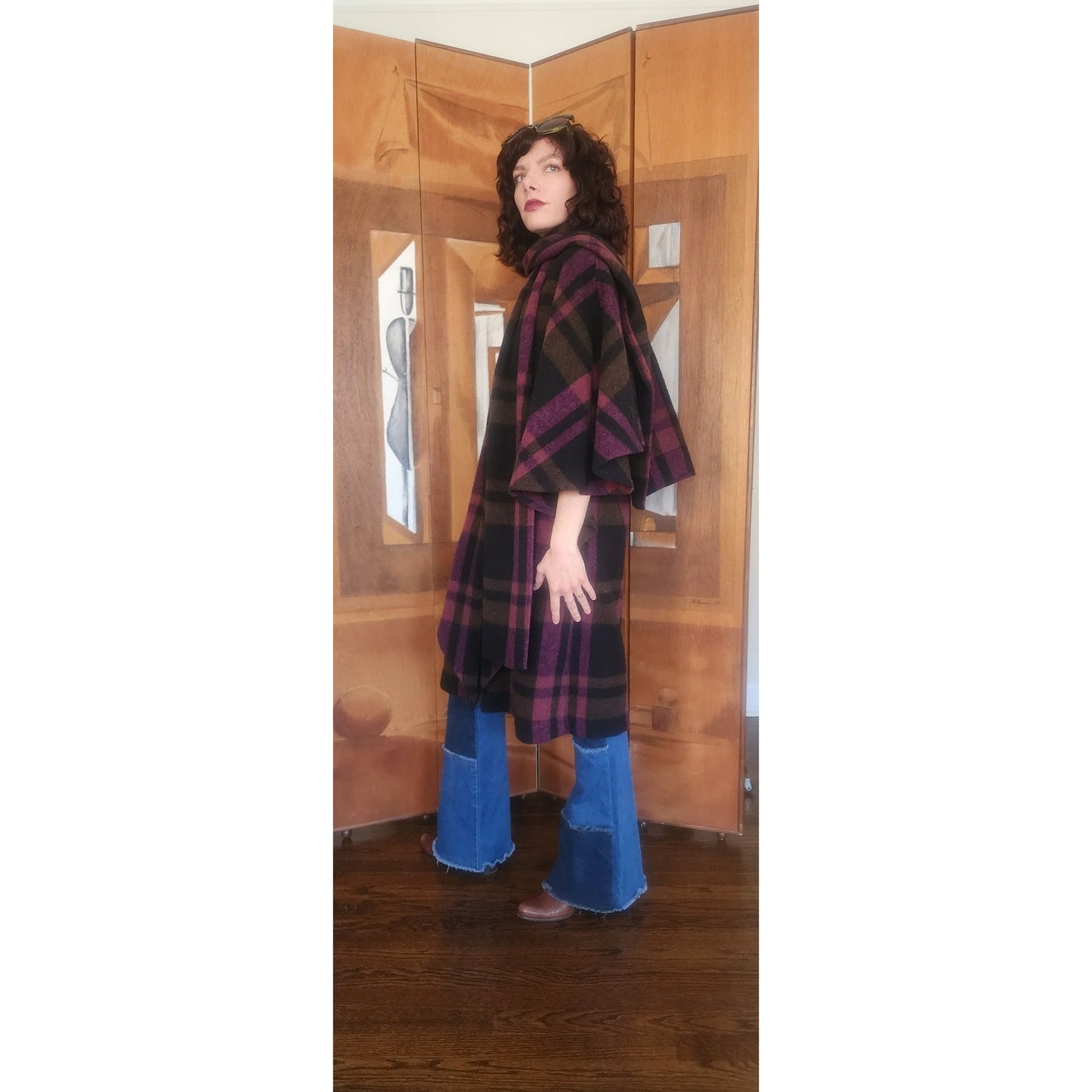 Vintage 90s Purple Wool Plaid Poncho Cloak Coat Cape w/Scarf