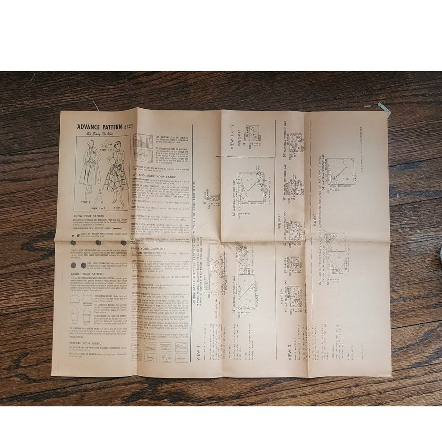 Vintage 1950s Sewing Pattern ORIGINAL Advance 6323 Womens Skirt + Vest Set