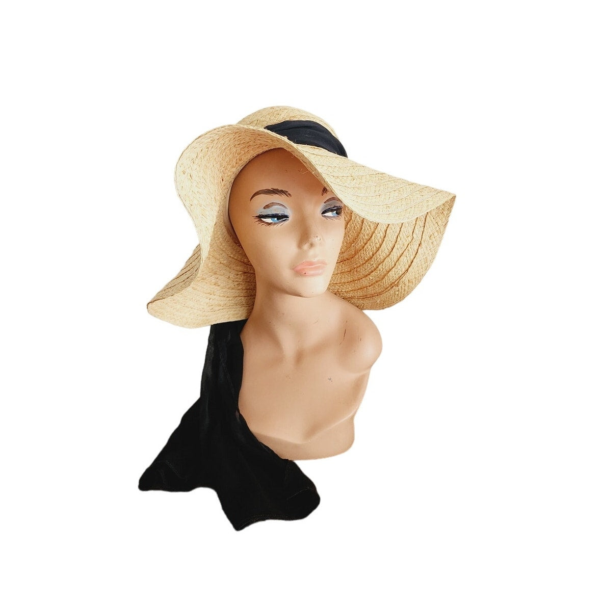 Vintage 90s Straw Summer Hat Badgley Mischka Floppy w/Black Scarf