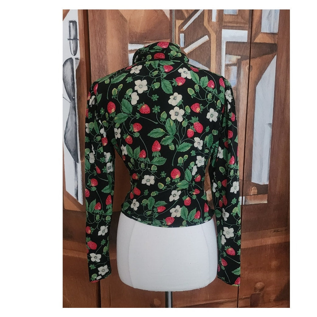 Vintage 1980s Emanuel Ungaro Parallele Blouse Strawberry Floral Print Silk Long Sleeve Shirt