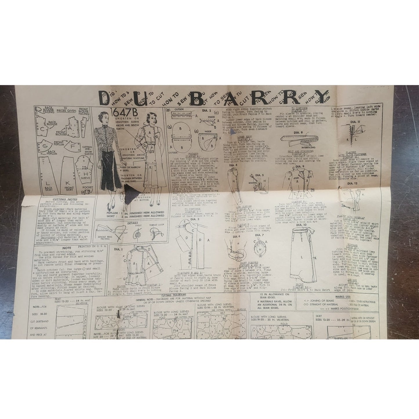 Vintage 1930s Sewing Pattern ORIGINAL Belted Peplum Dress Du Barry 1647B Bust 34