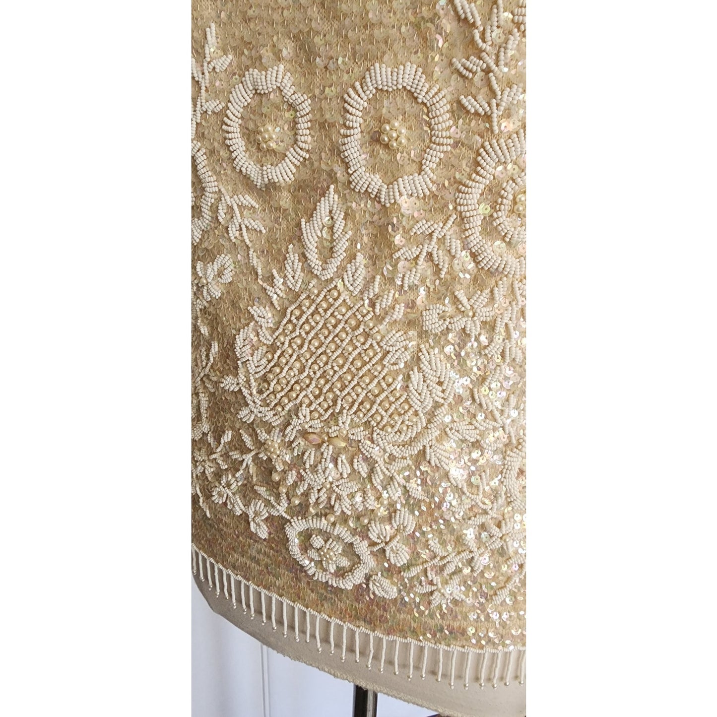 Vintage 60s Beaded Sequined Top Cream Wool Long Sleeved Regalia Imports Hong Kong
