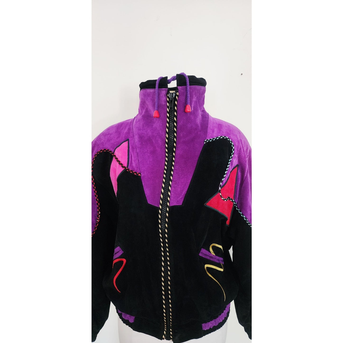 Vintage 80s Suede Bomber Jacket Multicolored Patchwork Applique Mesa Ridge M