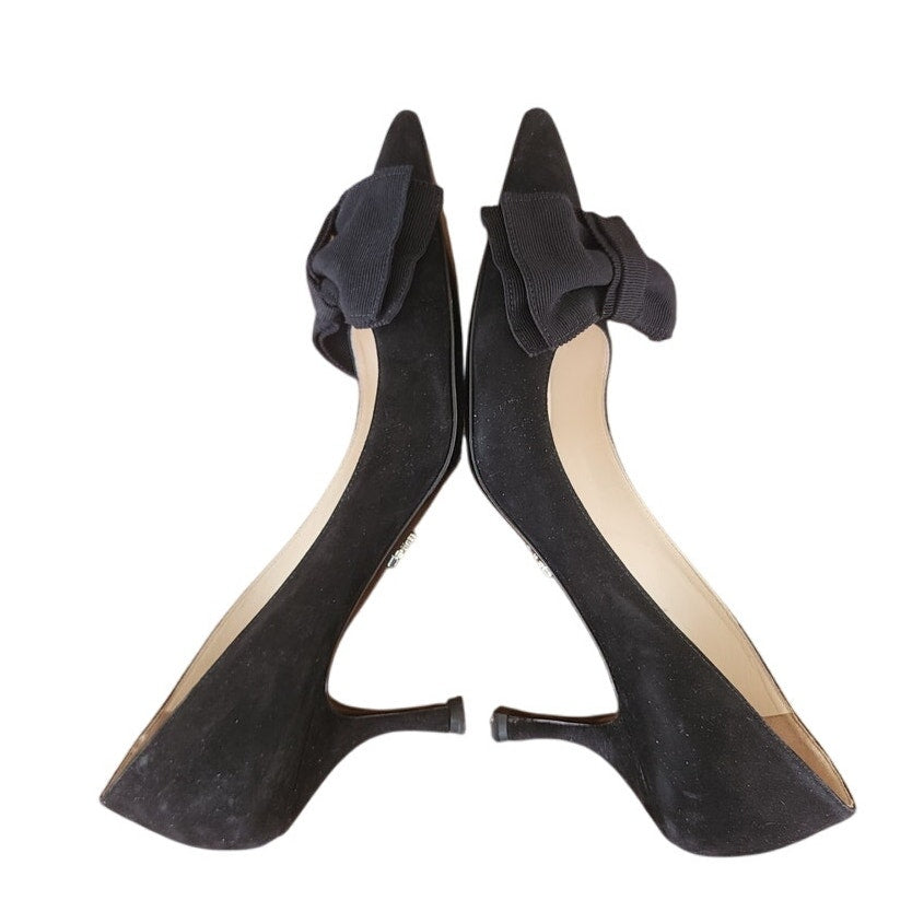Prada Shoes Black Suede Kitten Heel Pumps with Bows Size 38 w/Original Box