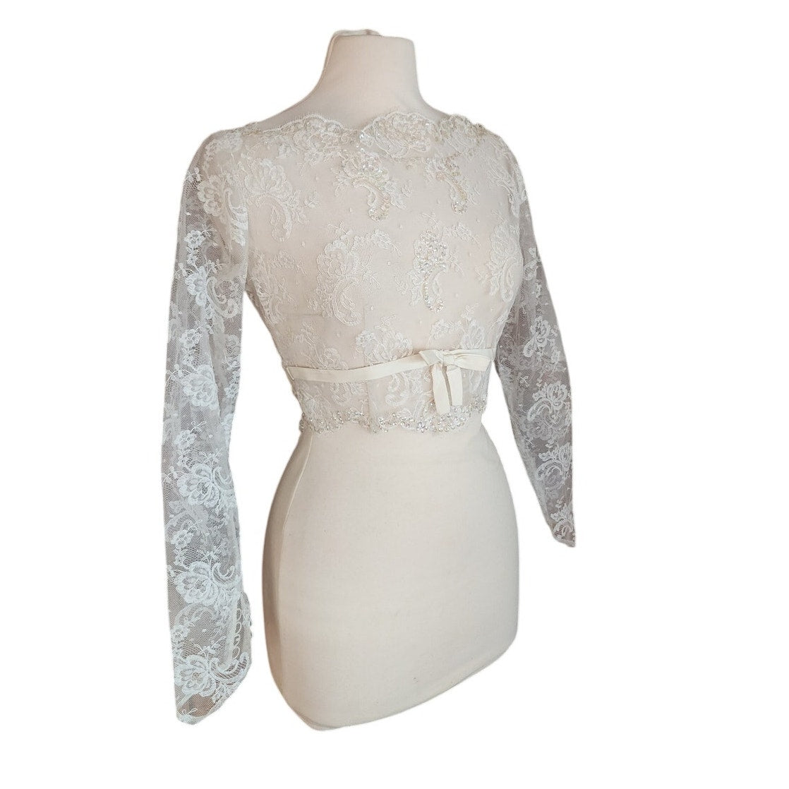 Vintage 50s Bridal Top Jacket Sheer White Lace & Sequins Long Sleeved