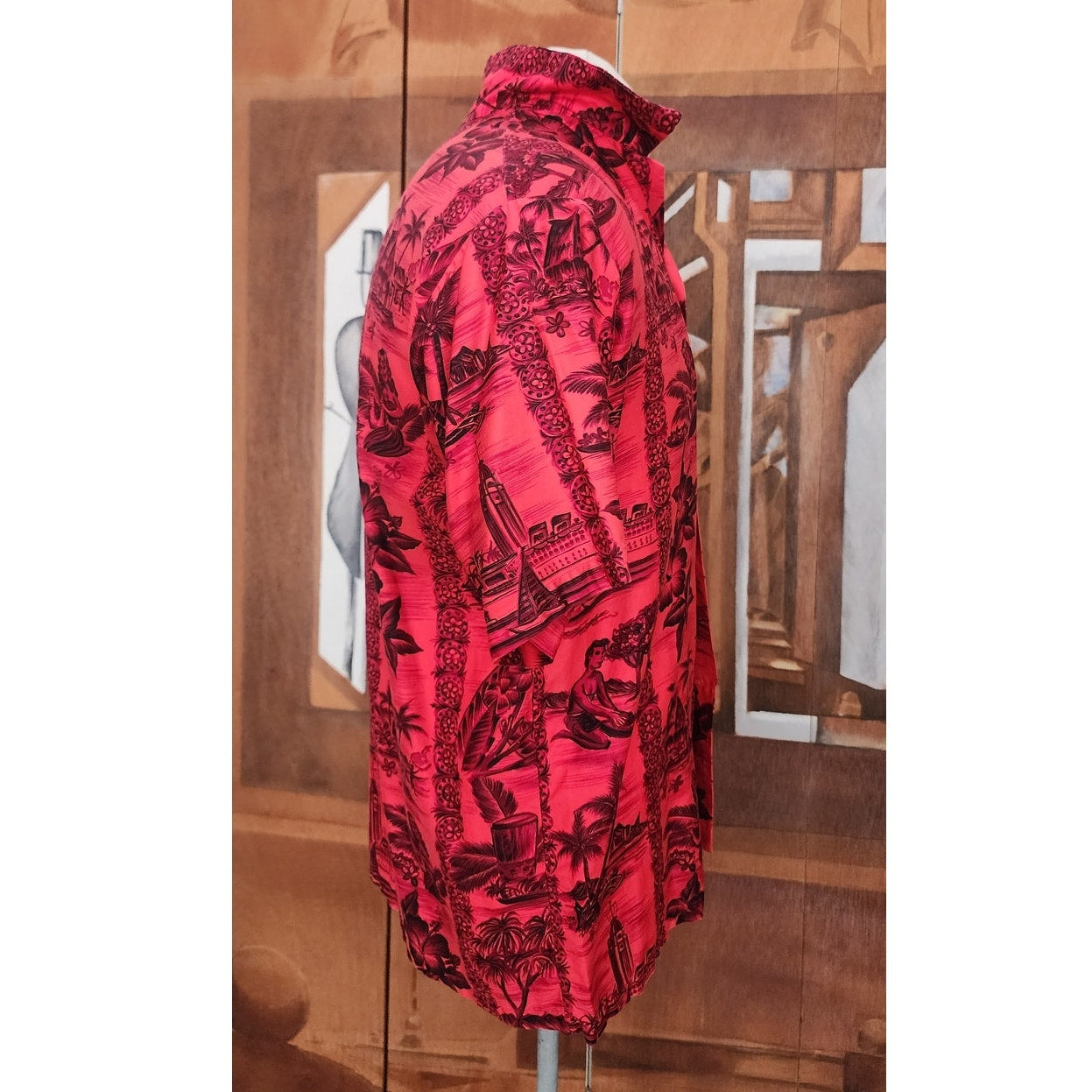 Vintage 60s Men's Red Hawaiian Shirt Surf Scenic Tiki Huts Cotton Short Sleeve