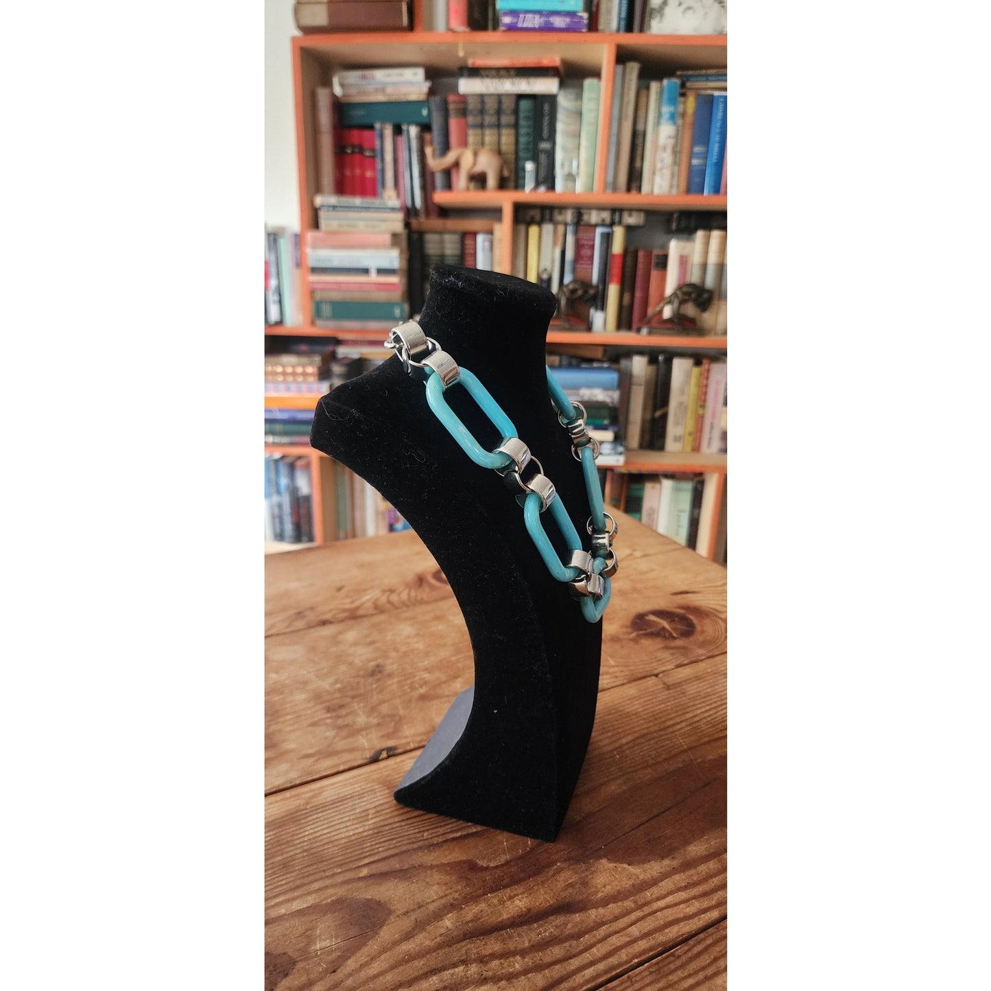 Vintage Y2K PONO by Joan Goodman Resin Chain Link Necklace Aqua Blue Silver Statement Italy
