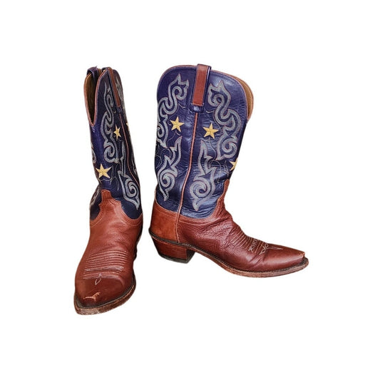 Vintage Y2K Lucchese 1883 Western Boots Blue Leather Star Embroidery Cowgirl Cowboy