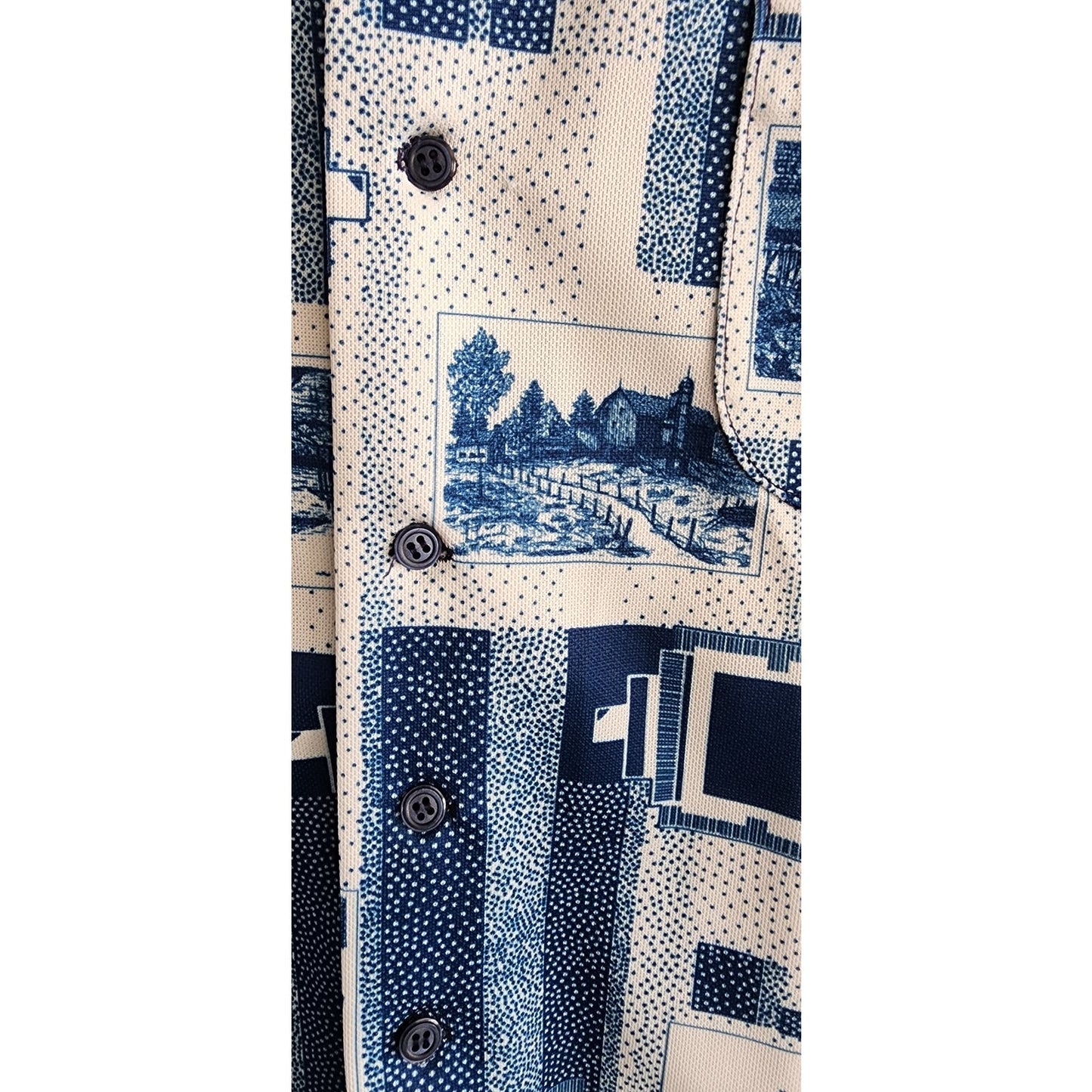 Vintage 70s Novelty Print Mens Shirt Button Down Blue White