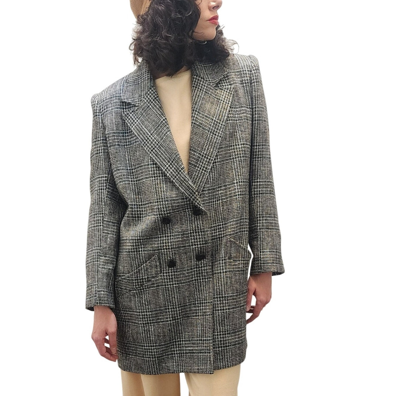 Vintage 80s Long Blazer Lilli Ann Houndstooth Wool Jacket Gray Black
