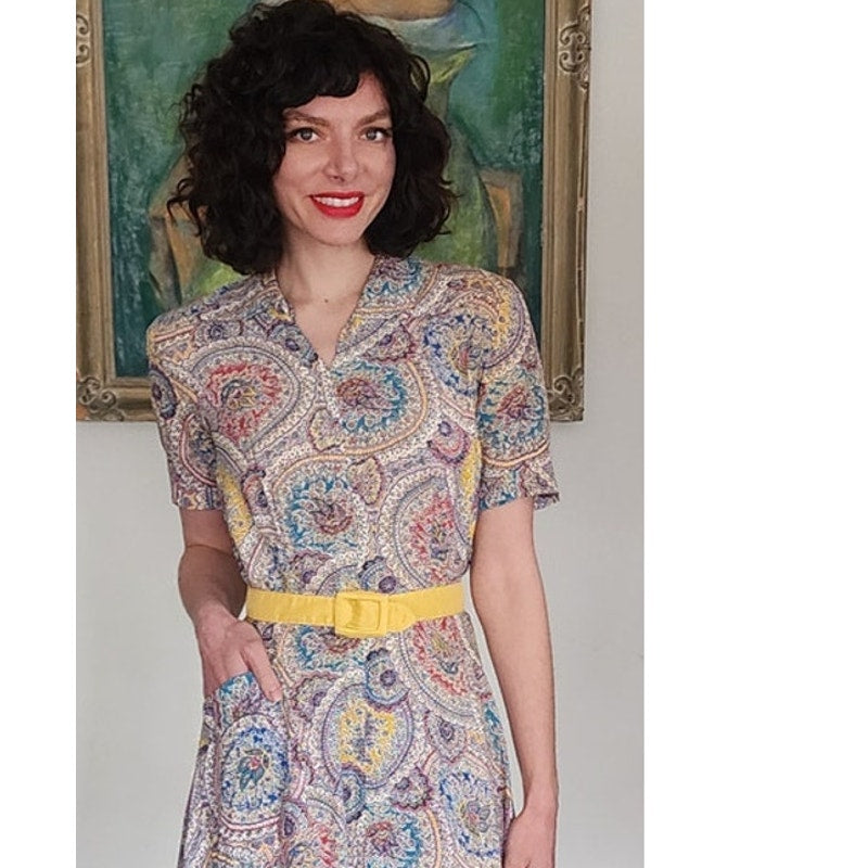 40s Saybury Paisley Rayon 2 Pc Dress &amp; Jacket Set with Yellow Sleeves &amp; Belt