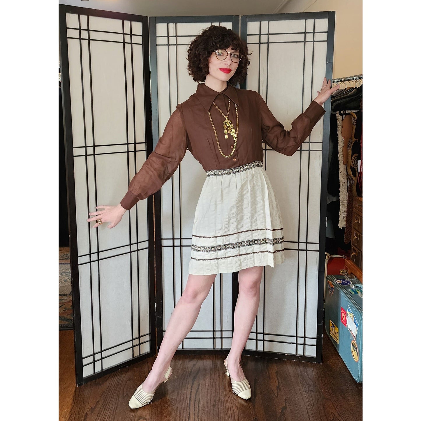Vintage 60s Day Dress Brown Cream Long Sleeved
