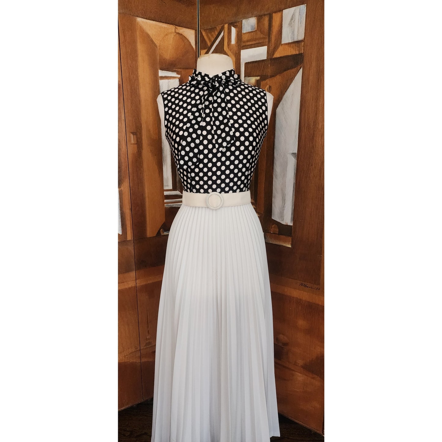 Vintage 70s Polka Dot Maxi Dress Black White Sleeveless + Pussycat Bow