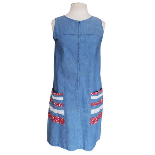Vintage 70s Denim House Dress Blue Cotton Shift Zip Front Apron Pockets Cottagecore Country Cute by Hop-Ins