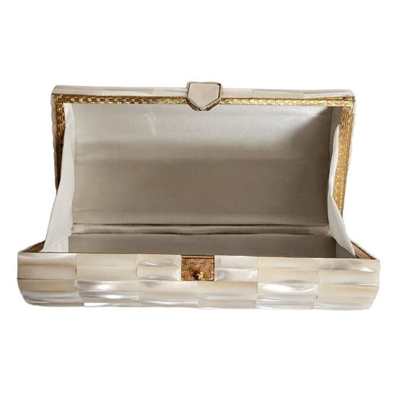 Vintage 50s Clutch Purse Mother of Pearl Cylindrical Evening Bag
