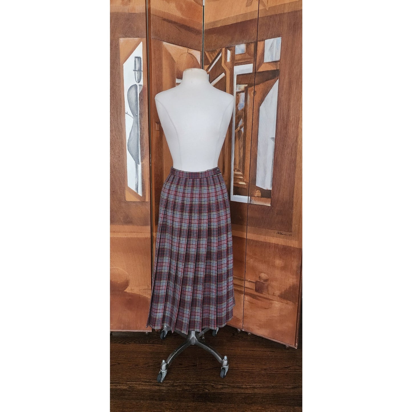 Vintage 70s PENDLETON Plaid Midi Skirt Pleated Wool Anderson Tartan Red