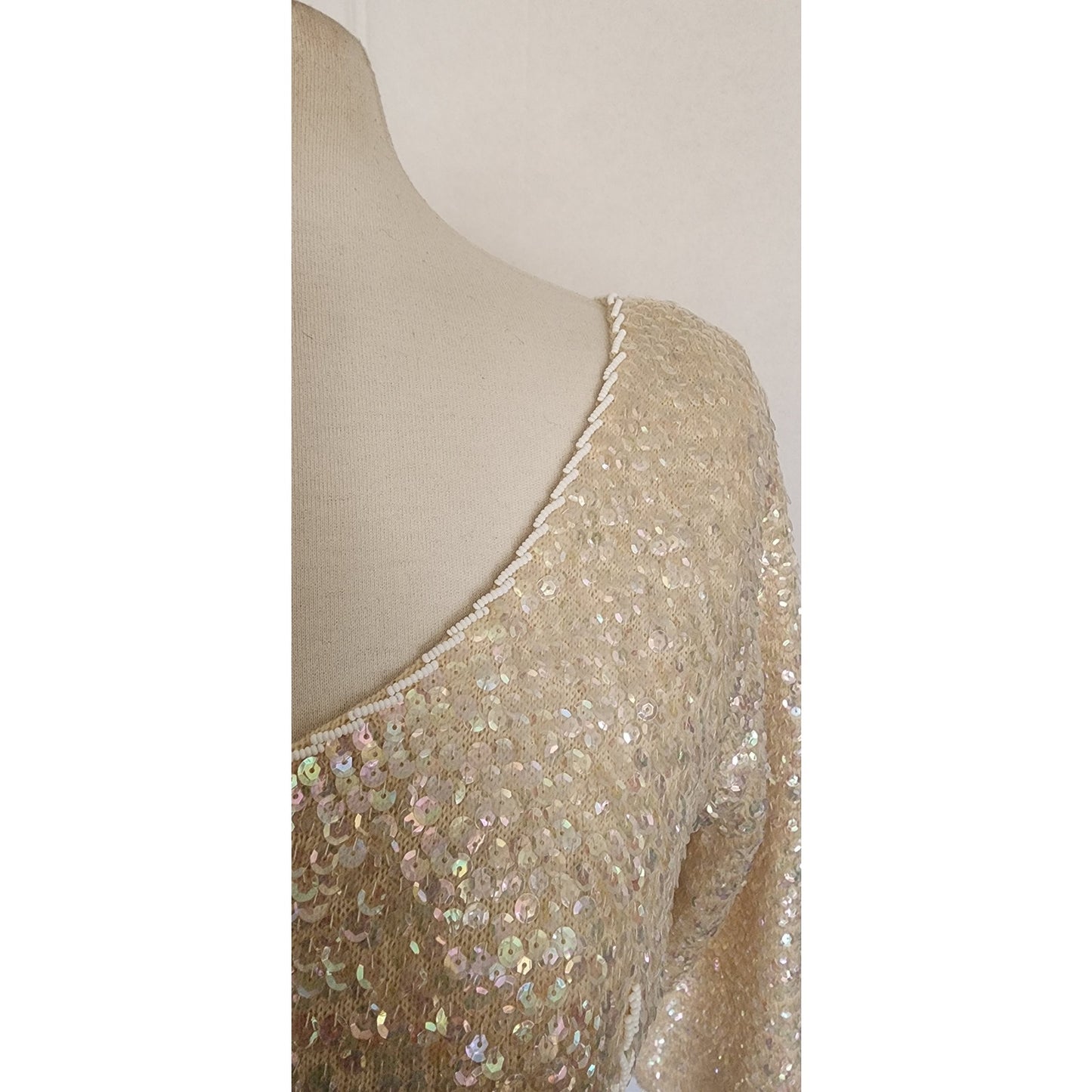 Vintage 60s Beaded Sequined Top Cream Wool Long Sleeved Regalia Imports Hong Kong