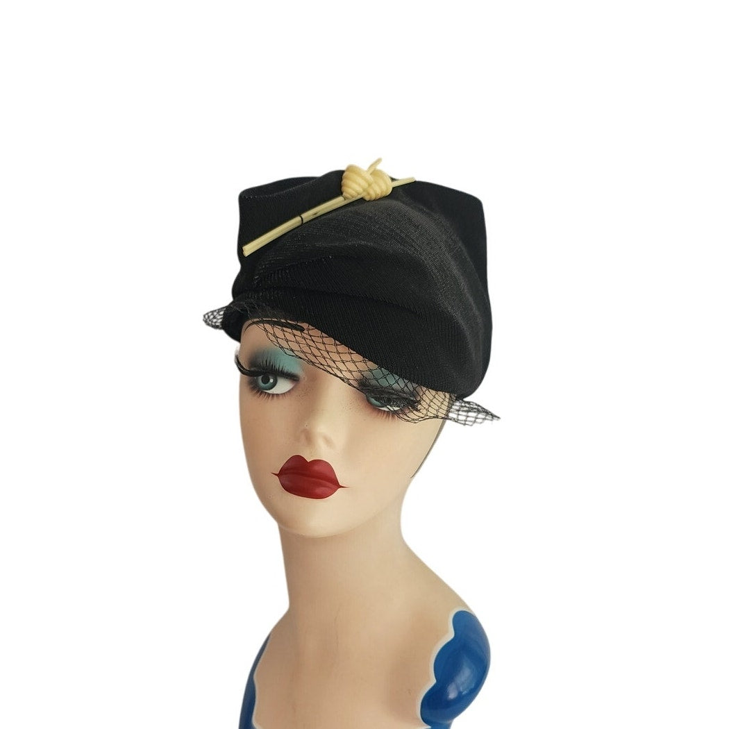 Vintage 30s Art Deco Style Hat Black w/Cream Lucite Modernist Design