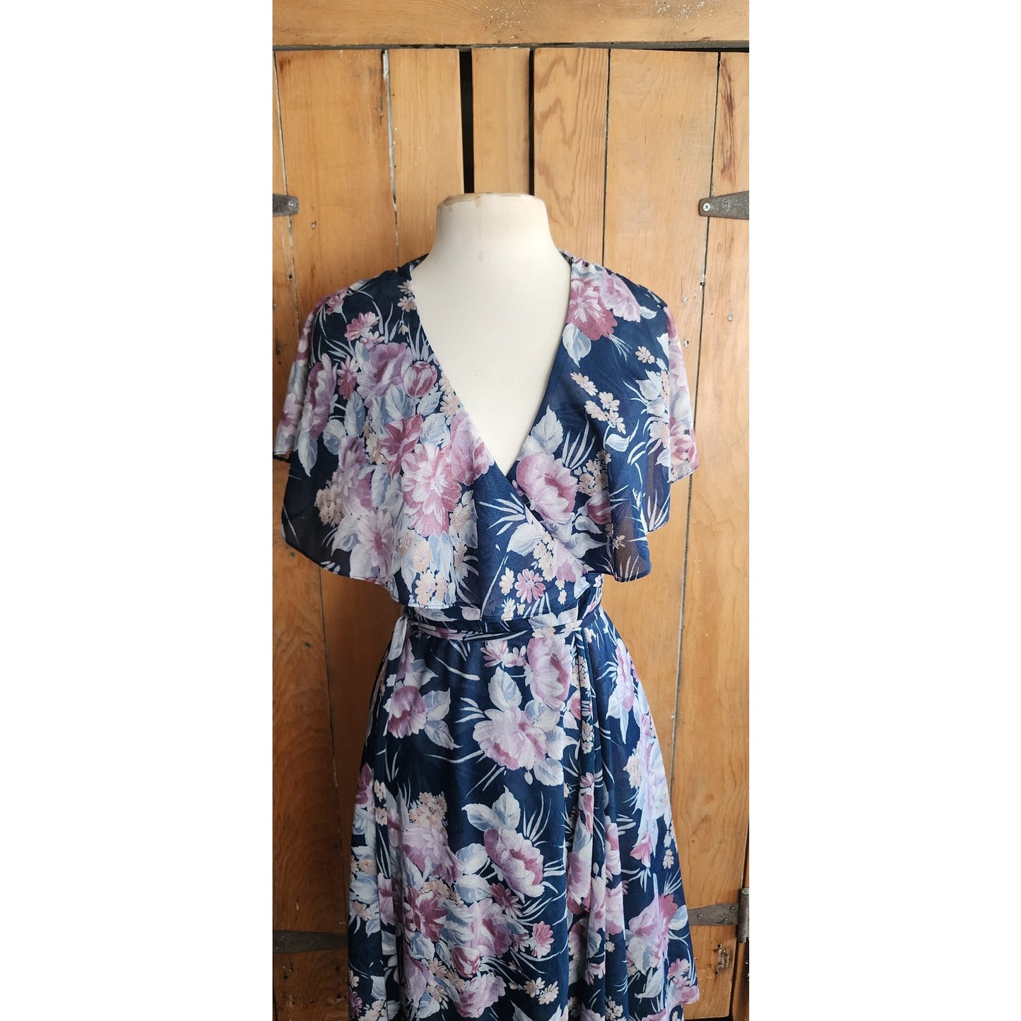 Vintage 70s Wrap Dress Blue Floral Print