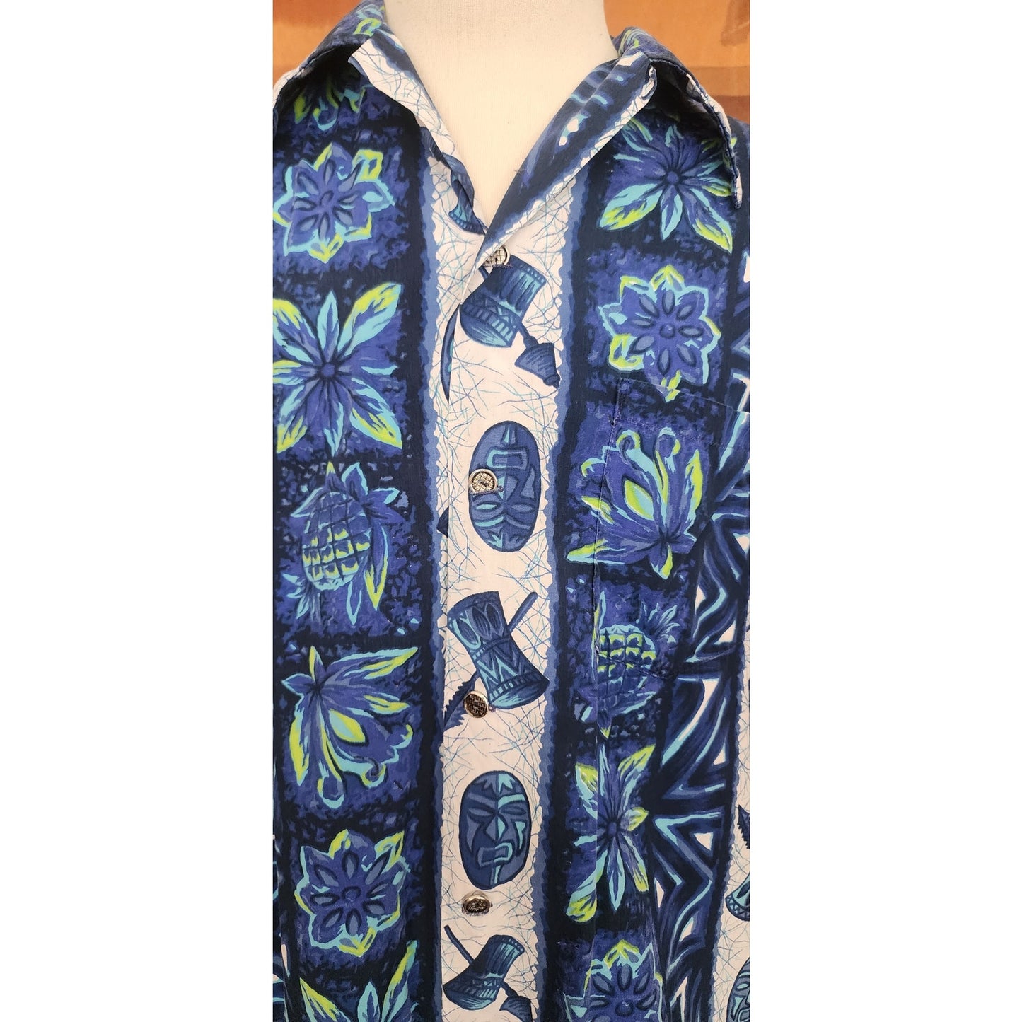 Vintage 60s Ui-Maikai Men's Blue Hawaiian Tiki Shirt Cotton Short Sleeve