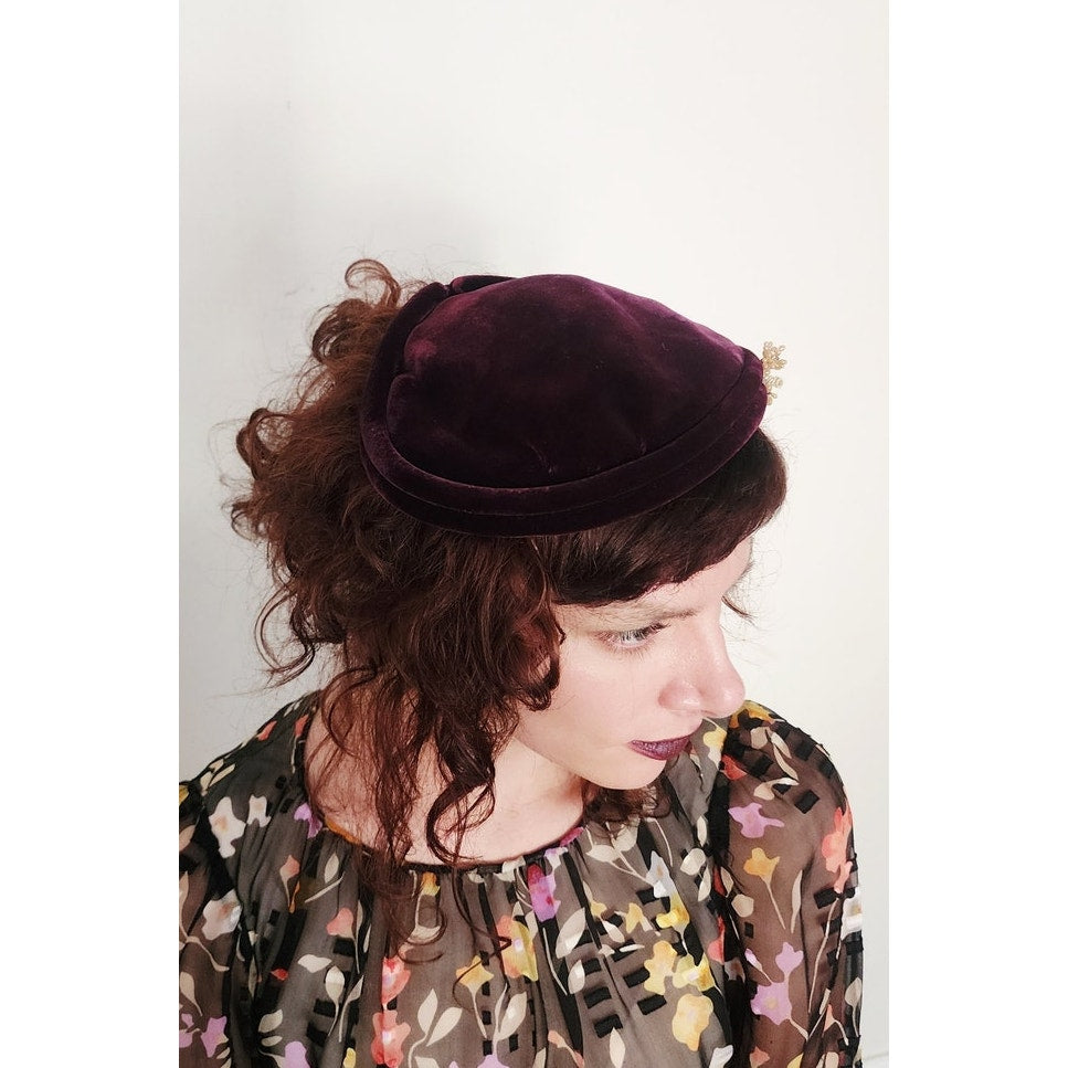 Vintage 50s Hat Burgundy Red Velvet w/Beaded Floral Trim by Anne Savel