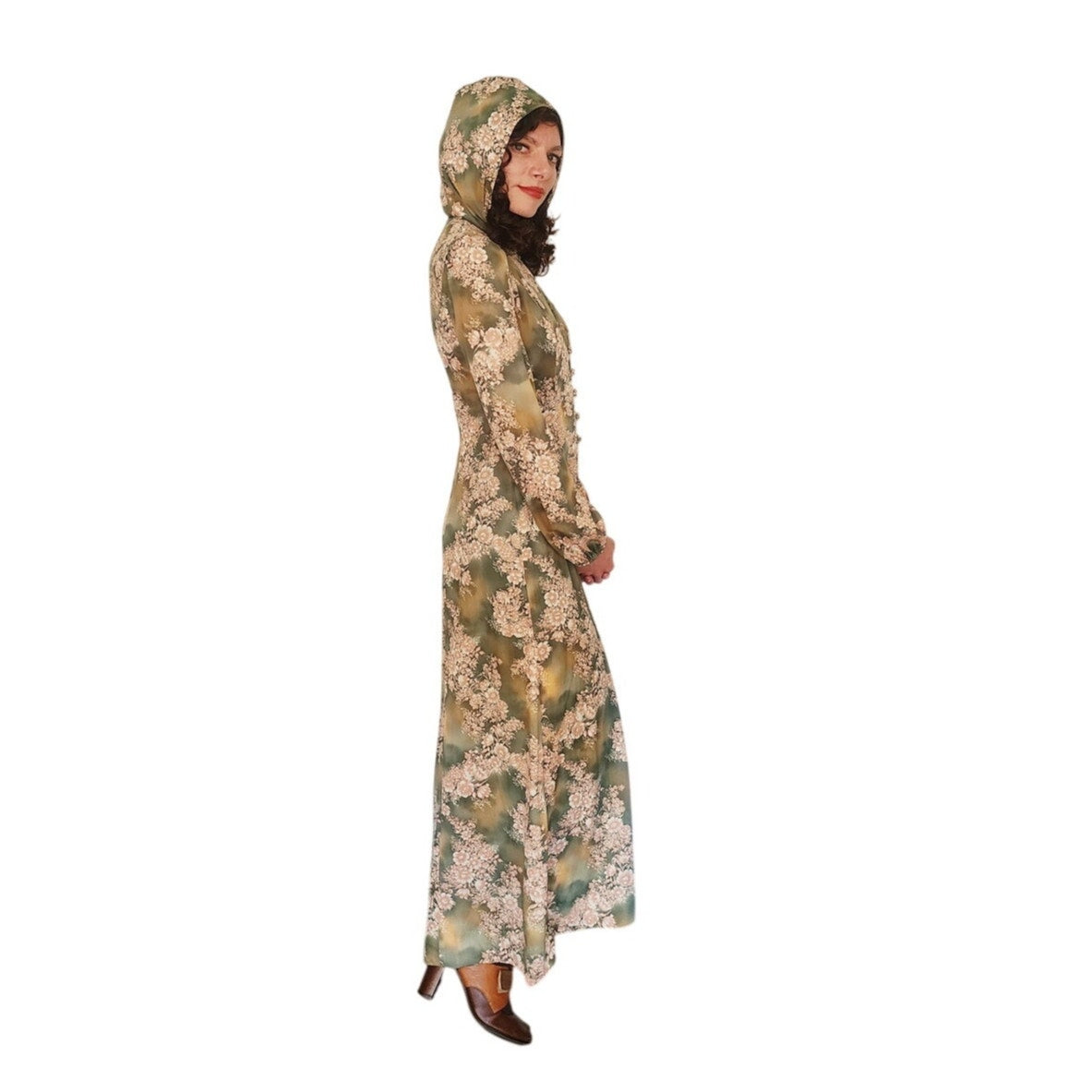 Vintage 1970s Kristie Lou Dress Hooded Floral Maxi Long Sleeve Woodland Fairy