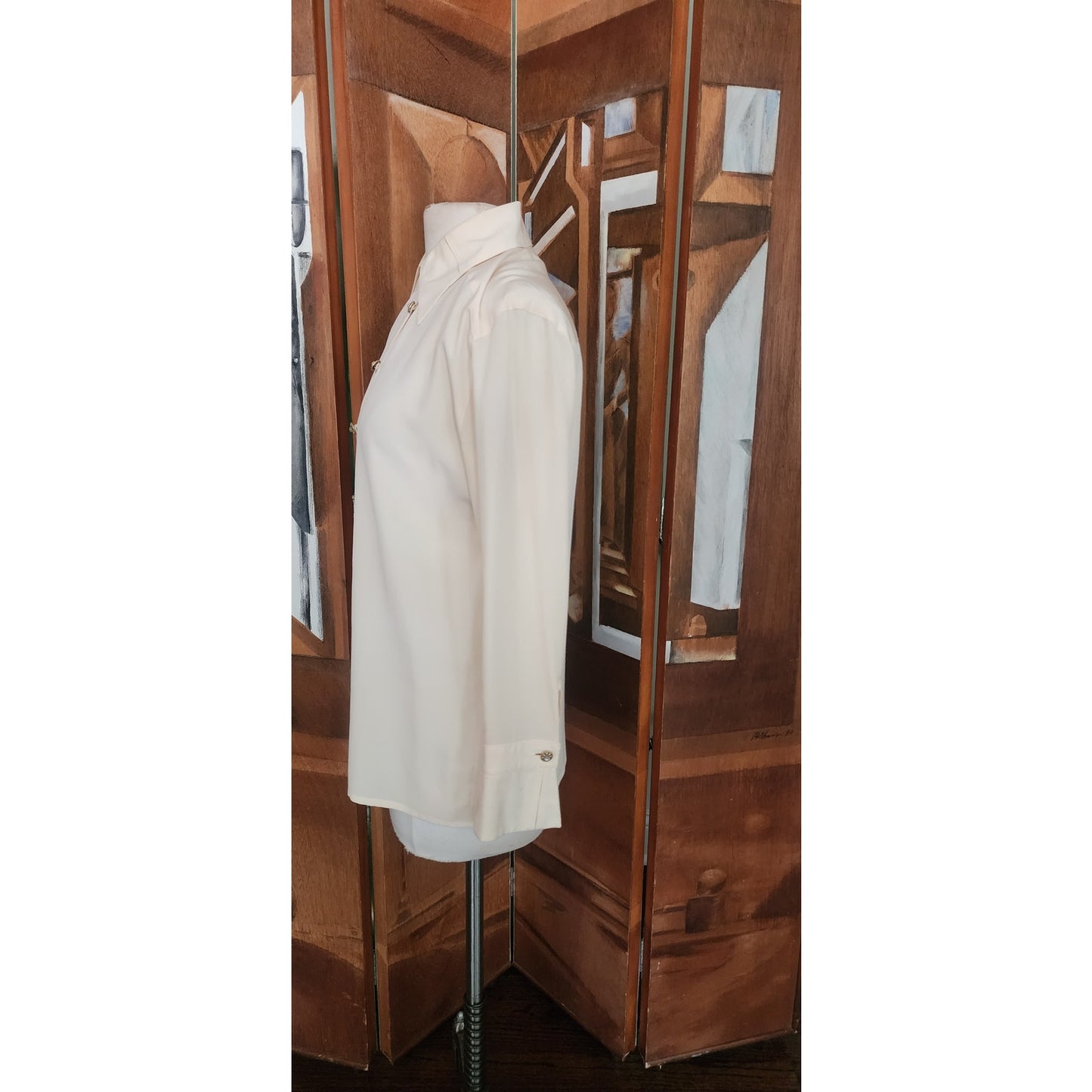 Vintage 1980s Karl Lagerfeld Blouse Cream Silk Shirt Asymmetric Button Down S