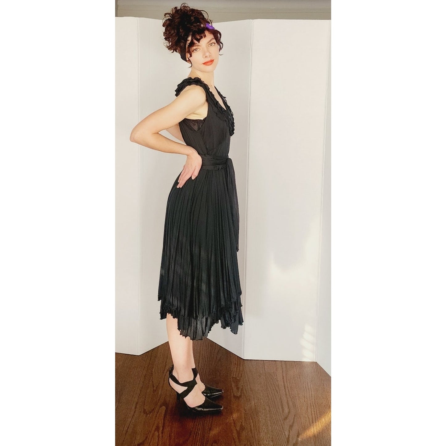 Vintage Y2K Etro Sun Dress Black Cotton w/ Asymmetrical Skirt Medium