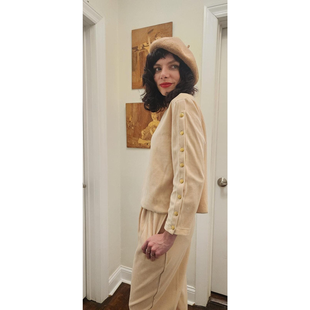Vintage 1990s Sonia Rykiel Track Suit Beige Velour Gold Logo Buttons Top Pants