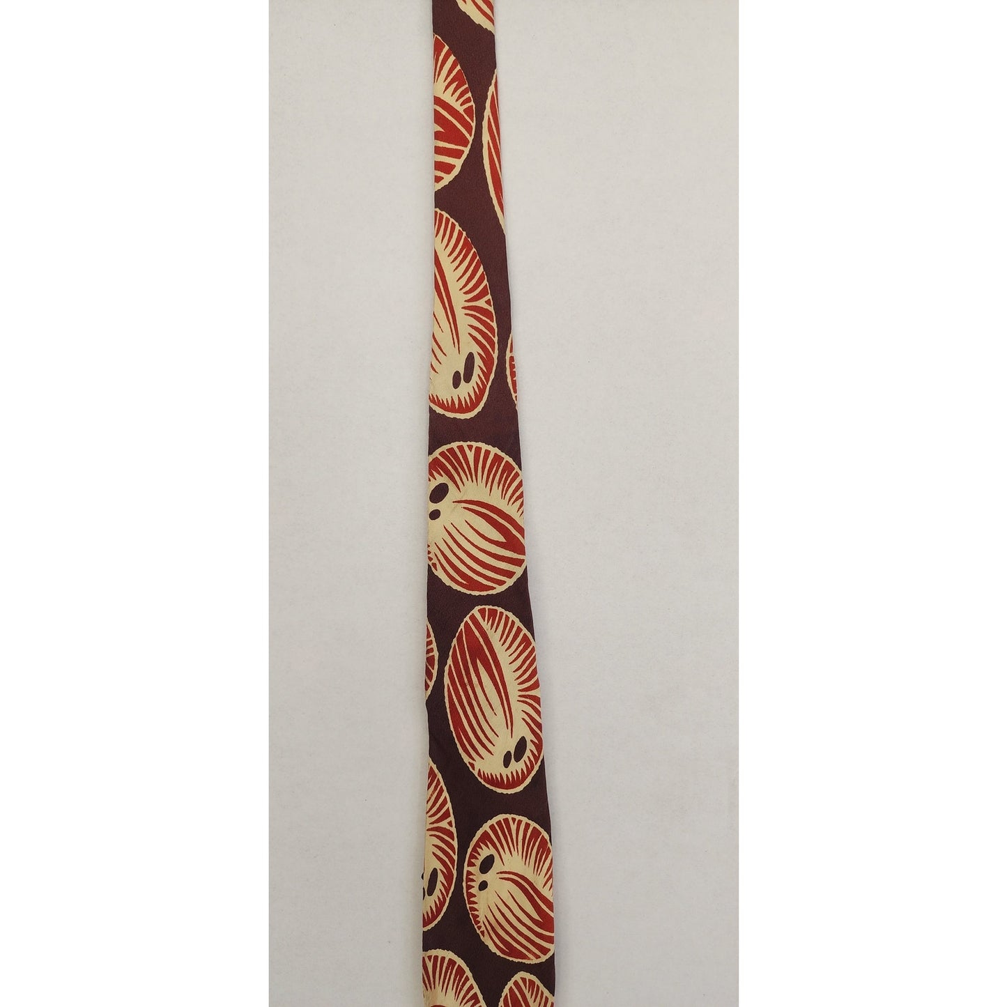 Vintage 40s Mens Tie Brown Red Abstract Coconut Fruit MCM Print Bond Style Manor