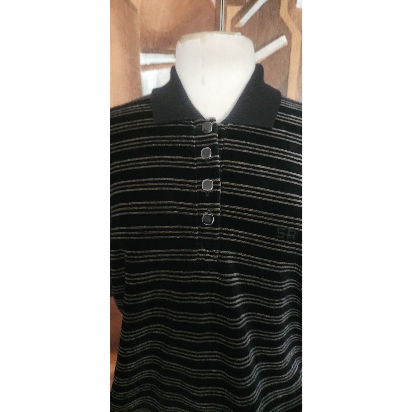 Vintage 1990s Sonia Rykie Velourl Top Black Gray Striped Short Sleeve Knit Polo Shirt