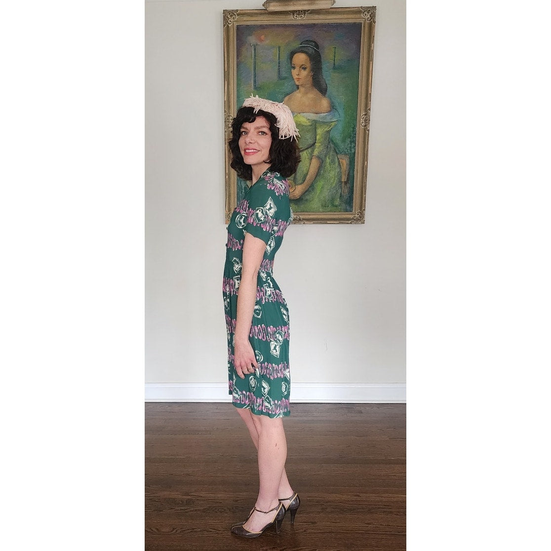 Vintage 40s Rayon Dress Green Pink Novelty Print Ancient Greek Greece Classical Art