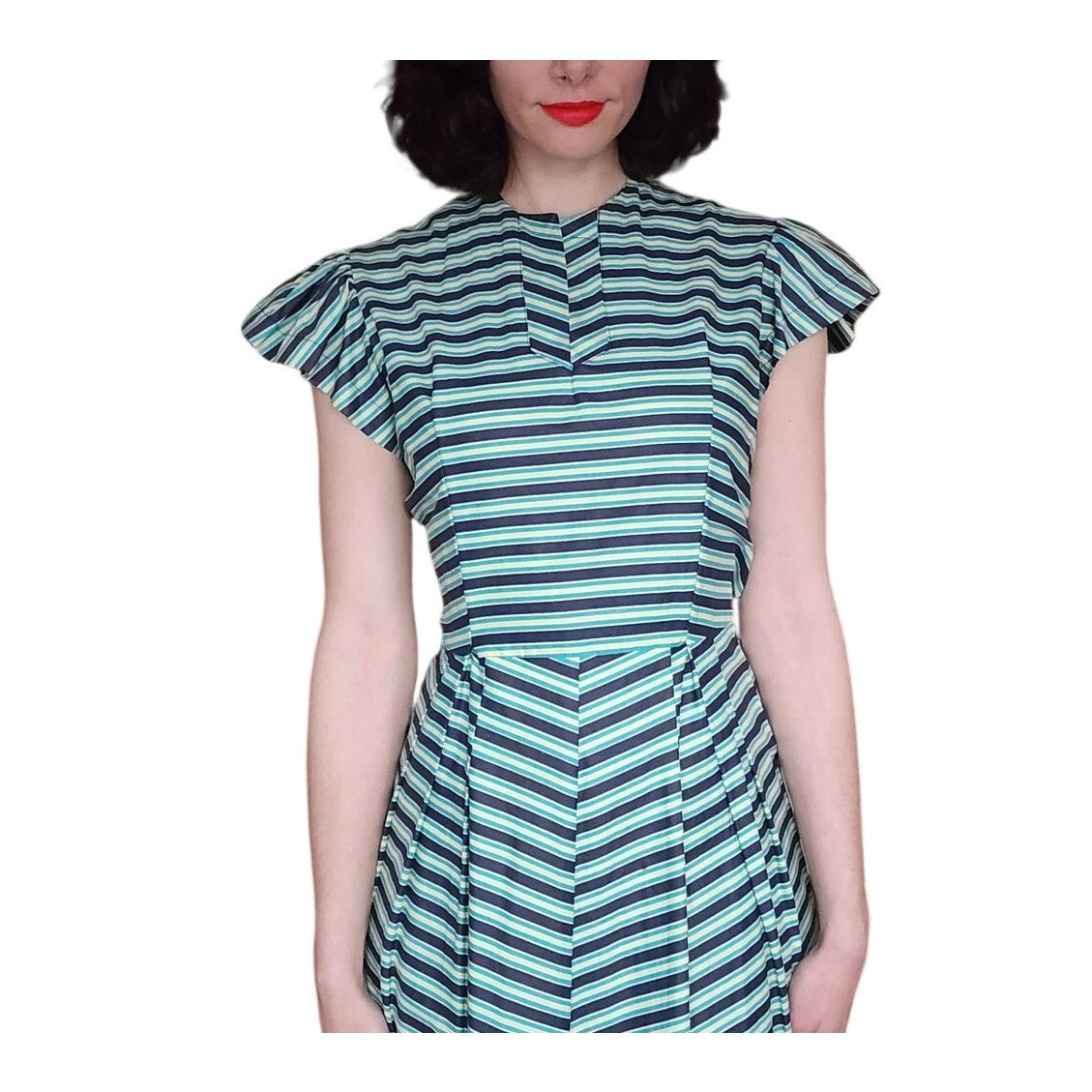 Vintage 50s Striped Fit and Flare Midi Day Dress Green Black Short Sleeves