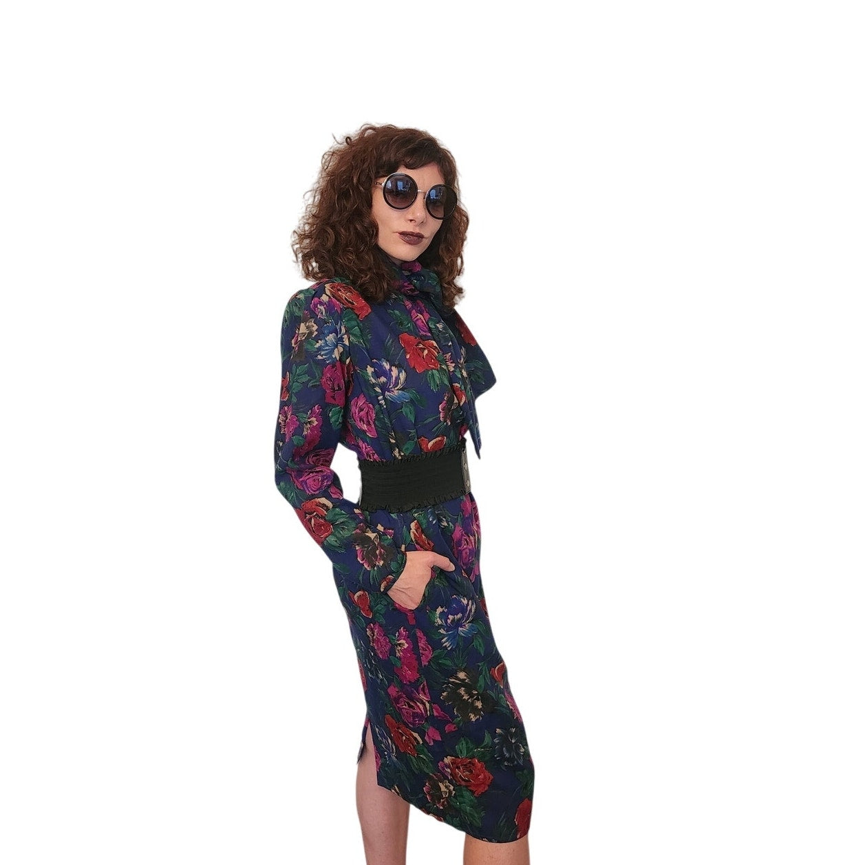 Vintage 1980s UNGARO Sac Dress Dark Floral Print Wool w/Sash Necktie / M