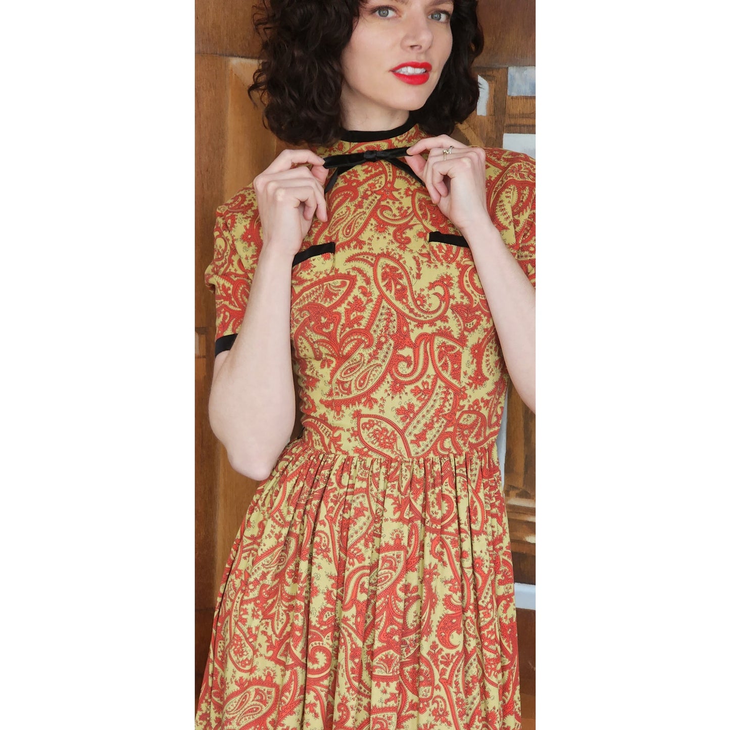 Vintage 50s Orange Paisley Print Midi Dress Carole King Junior Fashions / XS