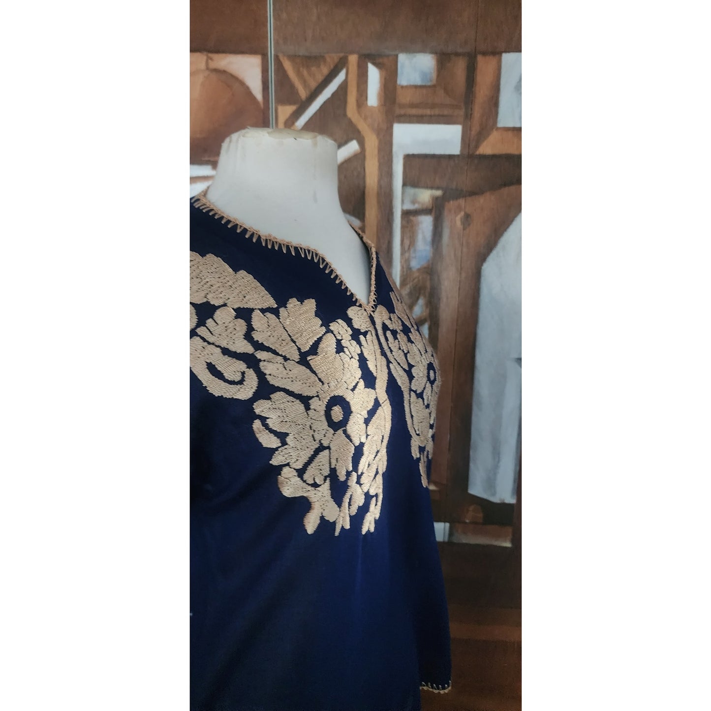 Vintage 70s 80s Royal Blue Gold Embroidered Tunic Top Sequin Caftan Blouse