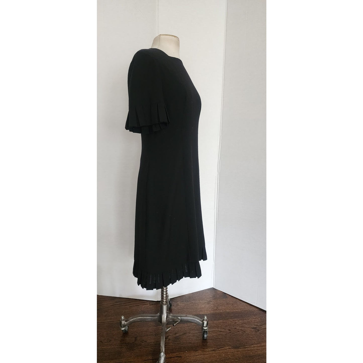 Vintage 60s Sorelle Fontana Dress Black Rayon Crepe w/Pleated Fringe Italian Designer